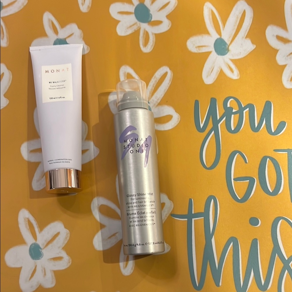 Lot of 2 MONAT items: Be Balanced Skincare Cleanser & Glossy Shiny Mist for hair